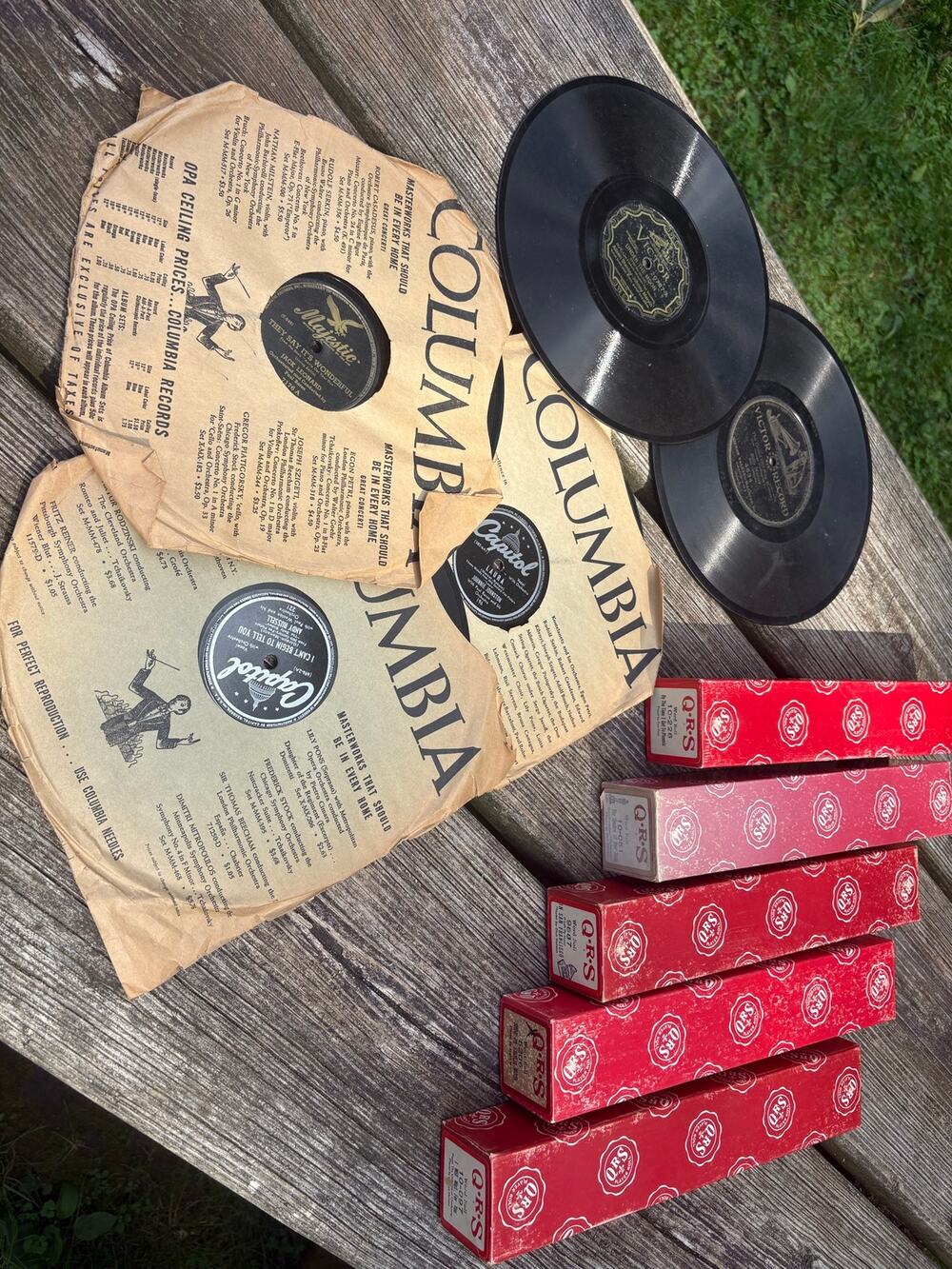 Vintage 78 RPM Record & Q-R-S Player Piano Roll Lot (1920s–1940s)